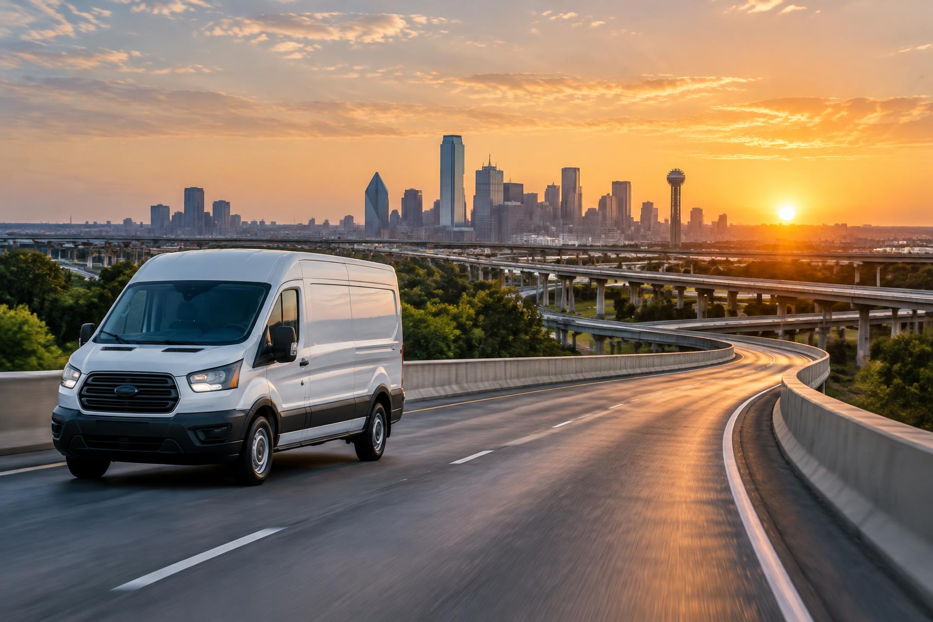 Commercial courier van traveling through the Dallas-Fort Worth highway network