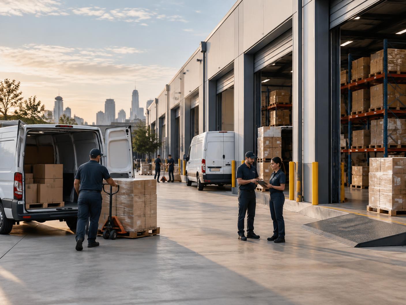 Professional logistics team coordinating business deliveries at a modern warehouse